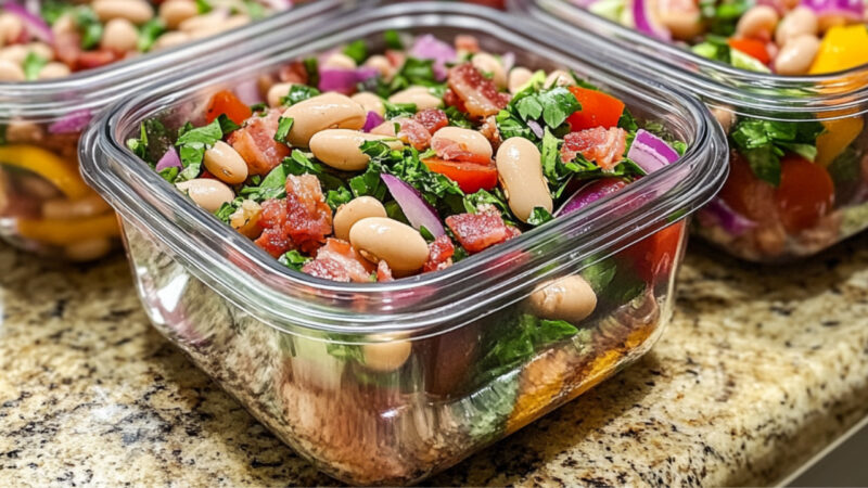 White Bean and Bacon Salad in a meal prep container