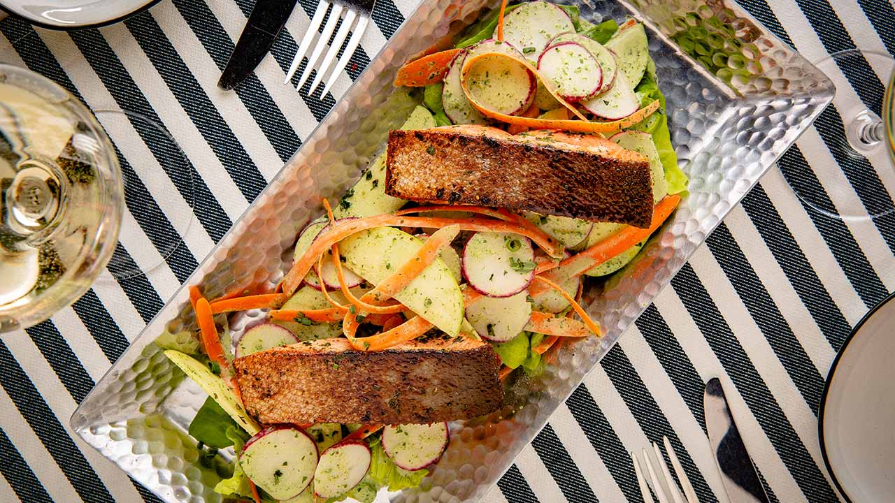 pan-seared salmon with salad and green goddess