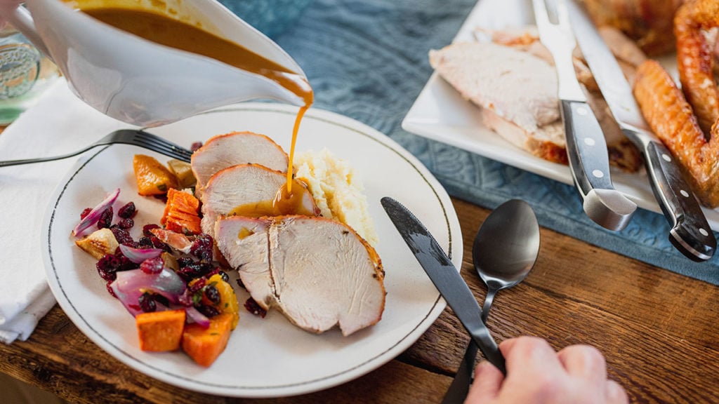 turkey with gravy and veggies