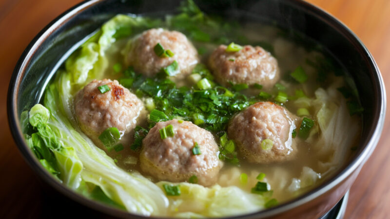 Chinese Pork Meatball Soup in a bowl