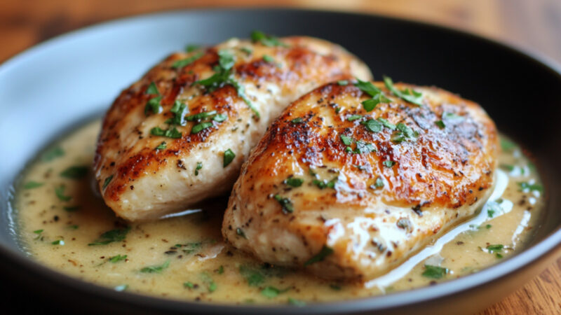 Seared Chicken Breasts with Pan Sauce in a bowl