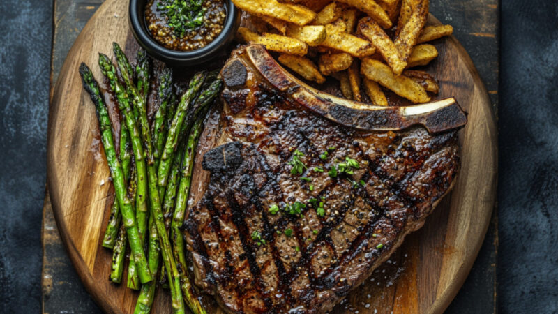 T-bone steak with fries and asparagus on a chopping board