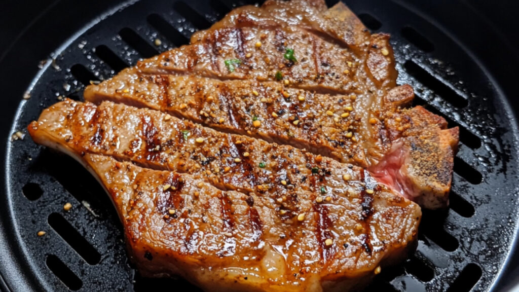 Steak inside an air fryer