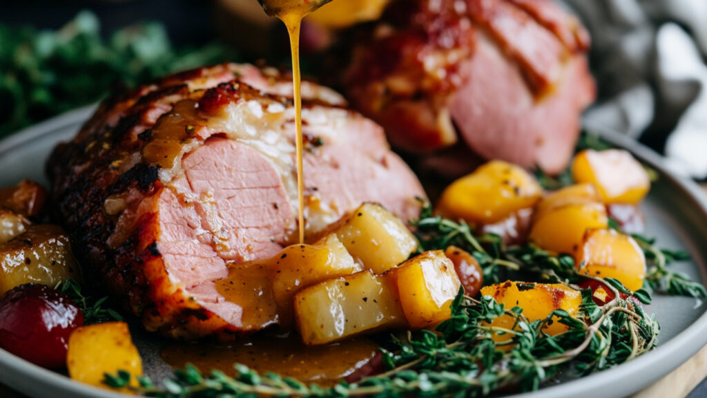 Apricot Mustard Glazed Ham on a plate