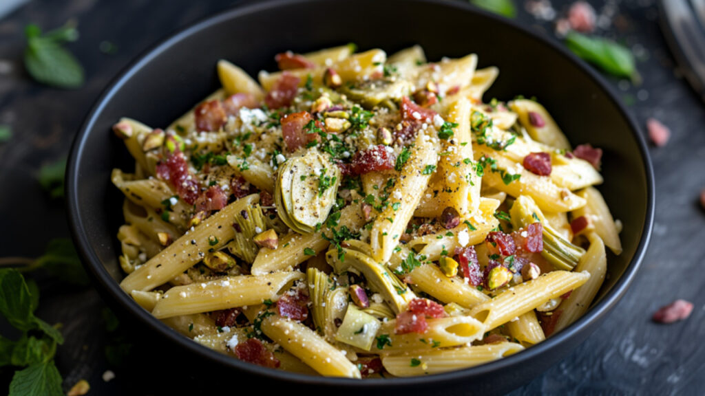 Artichoke and Bacon Pasta with Herbs in a bowl