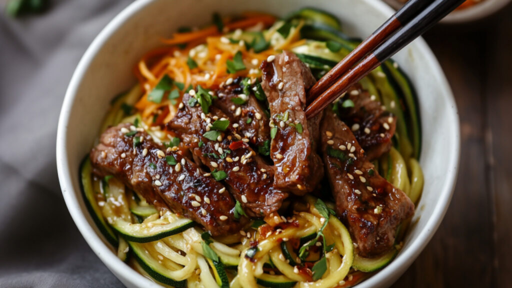 Asian-Inspired Steak and Zucchini Noodle Bowl in a bowl
