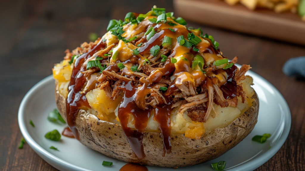 BBQ Pulled Pork Loaded Baked Potato on a plate