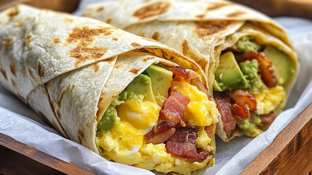 Burrito stuffed with bacon and egg on a basket