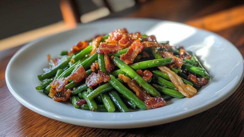 Bacon Sautéed Green Beans on a plate