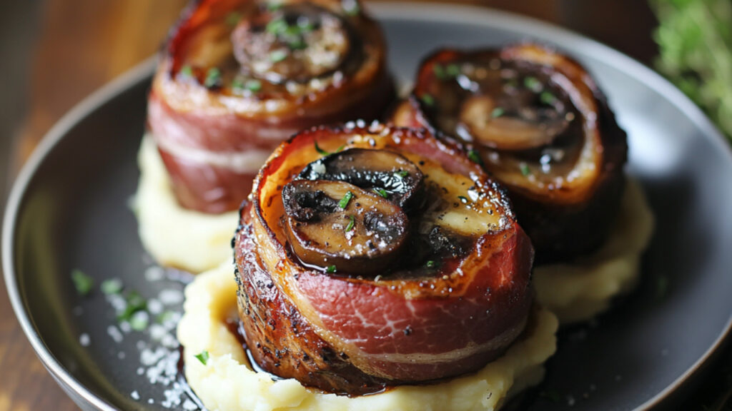 Bacon Wrapped Filet with Potatoes and Mushroom Red Wine Sauce on a plate