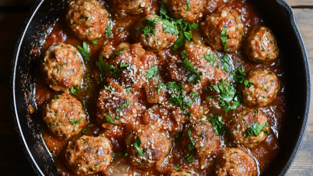 Beef & Pork Meatball Skillet in a pan