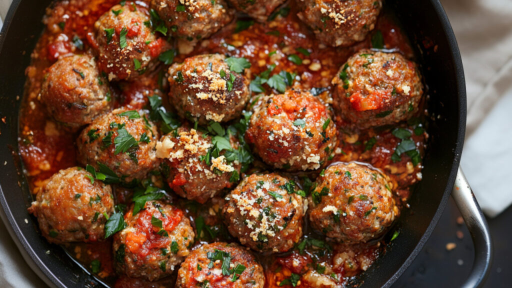 Beef and Pork Meatballs with Tomato in a cooking pot