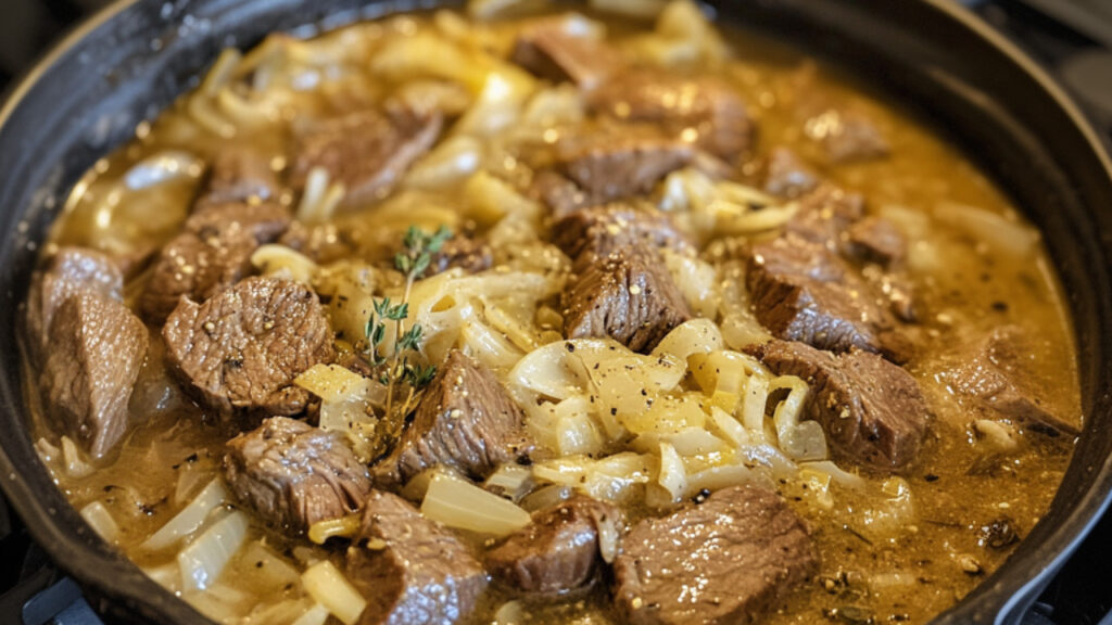 Beefy Blonde Stew in a pan