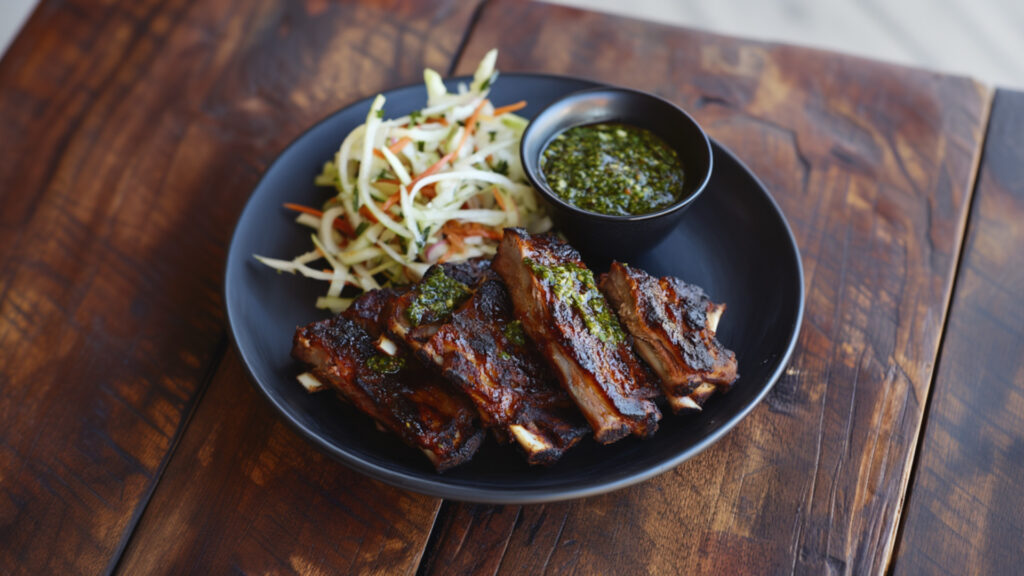 Boneless Country Style Ribs with Chimichurri Pesto and Jicama Slaw on a plate