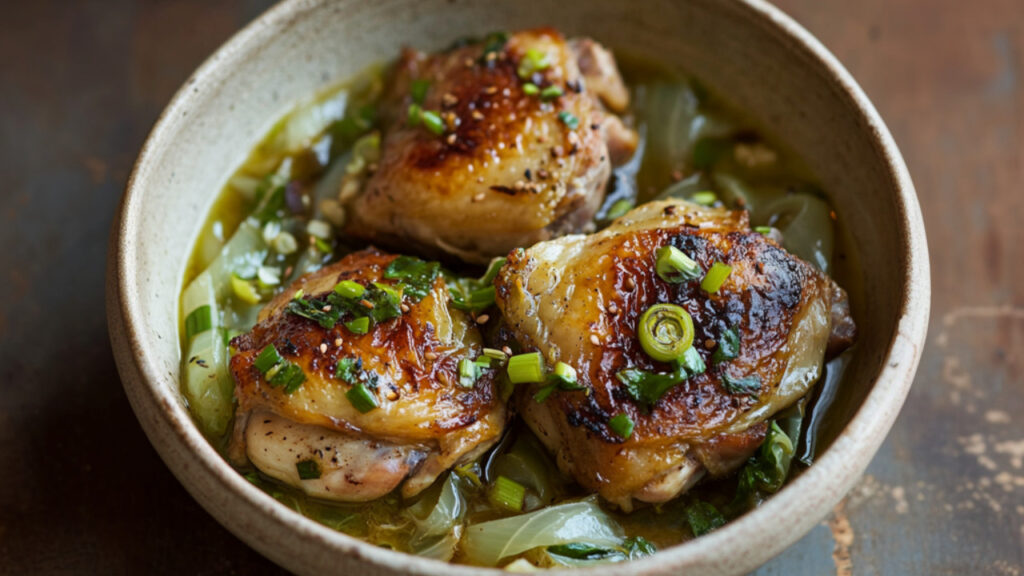 Braised Chicken Thighs and Cabbage with Scallion-Ginger Sauce in a bowl