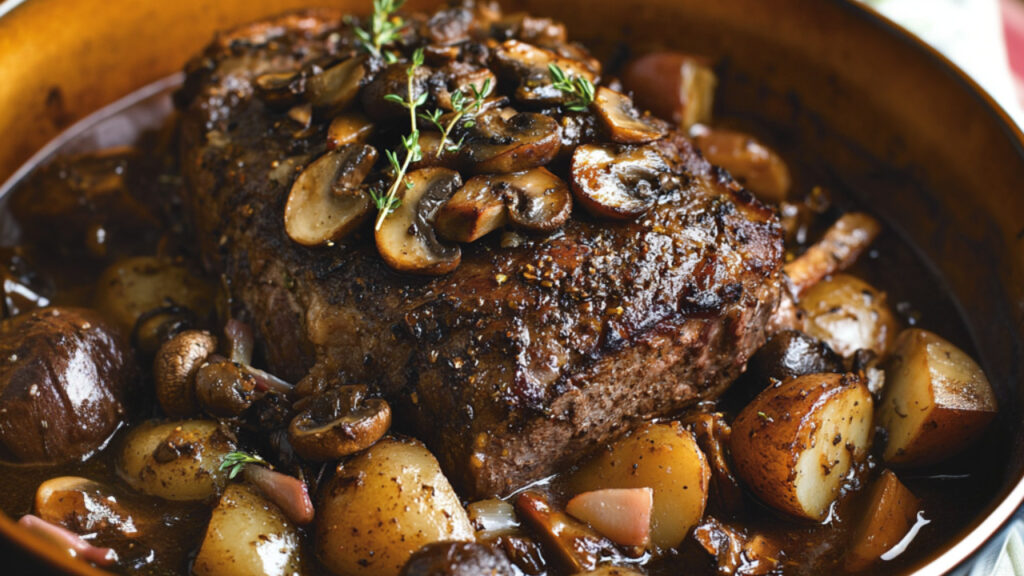 Braised Chuck Roast with Red Wine and Mushrooms in a bowl