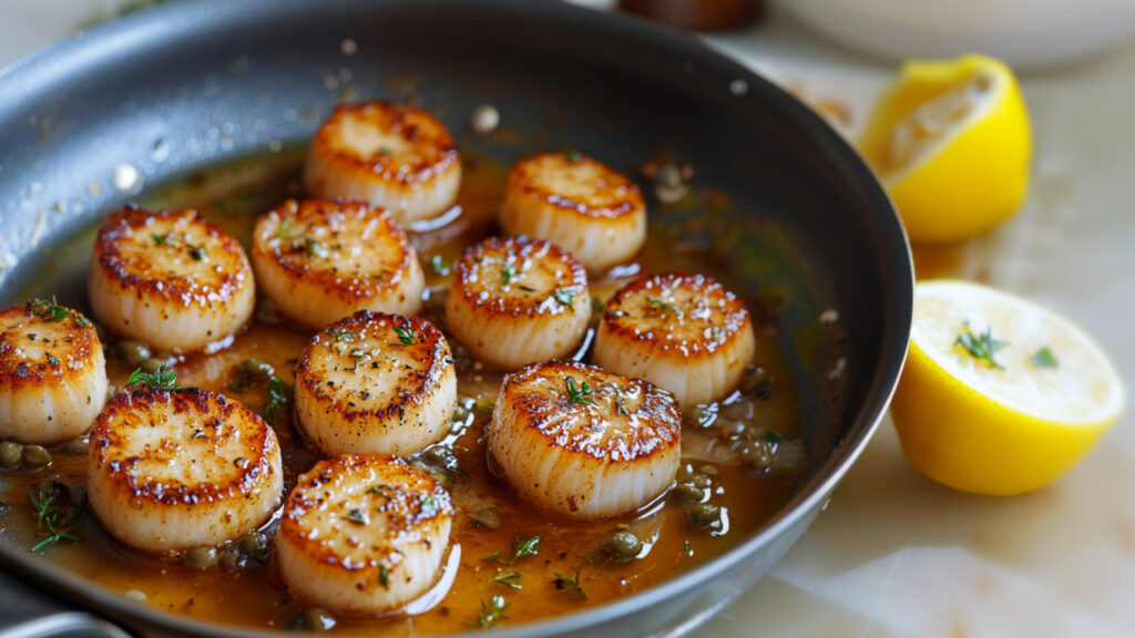Brown Butter Seared Scallops in a pan