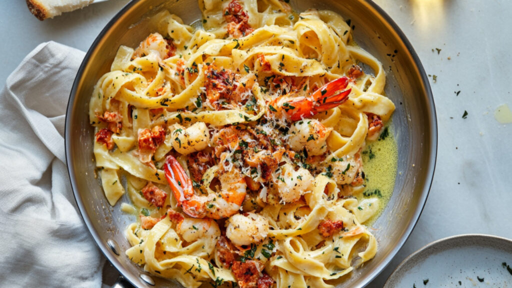 Brown Butter and Limoncello Lobster Tail Pasta on a pan