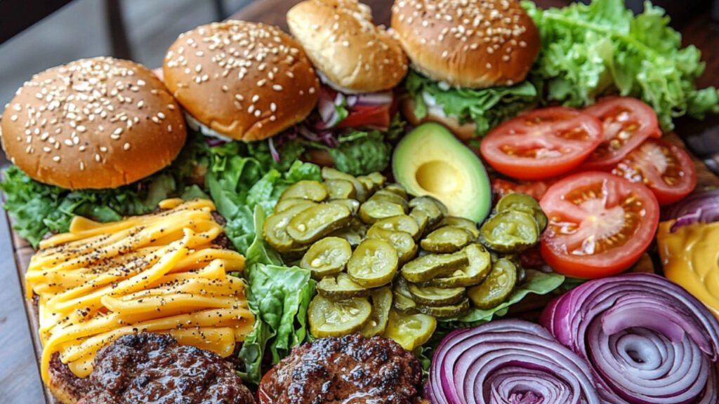 buns, patties, cheese. tomatoes, onions and pickles on a chopping board