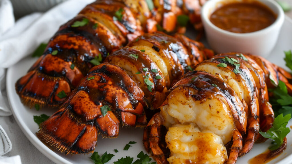Caribbean Grilled Lobster Tails with Rum BBQ Sauce on a plate