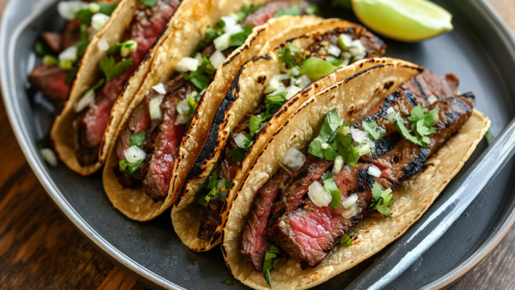 Carne Asada Flank Steak Tacos With Grilled Scallions on a plate