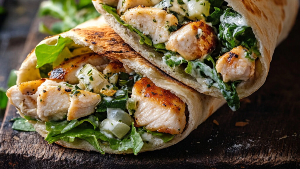 Chicken Caesar Salad Pita on a chopping board
