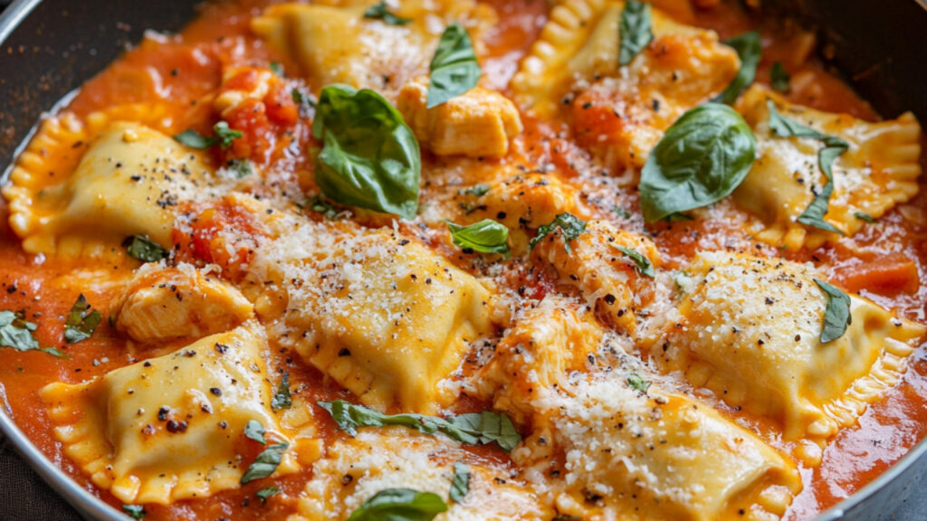 Chicken & Mozzarella Ravioli in a cooking pan
