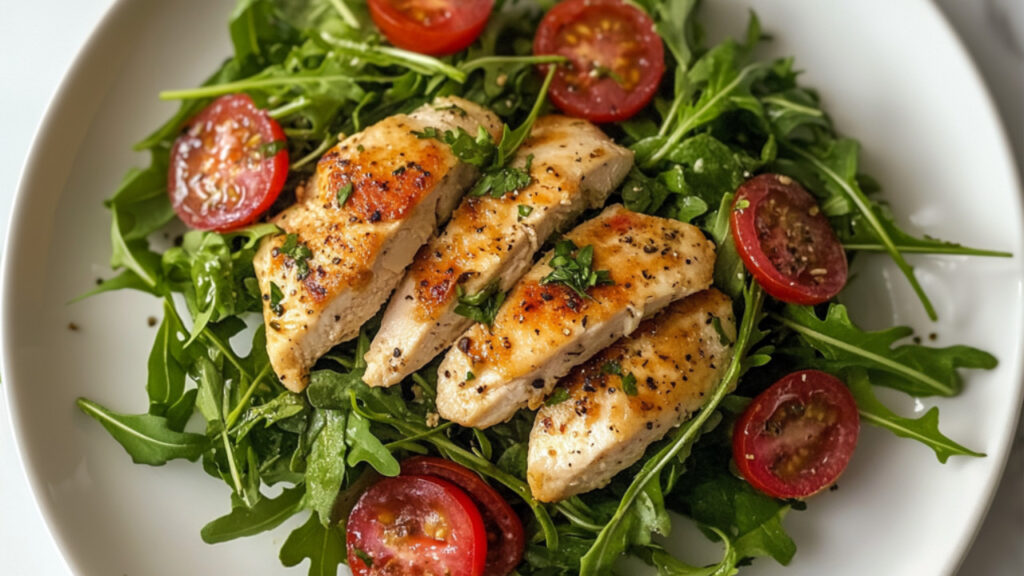 Chicken Paillard & Arugula Salad on a plate