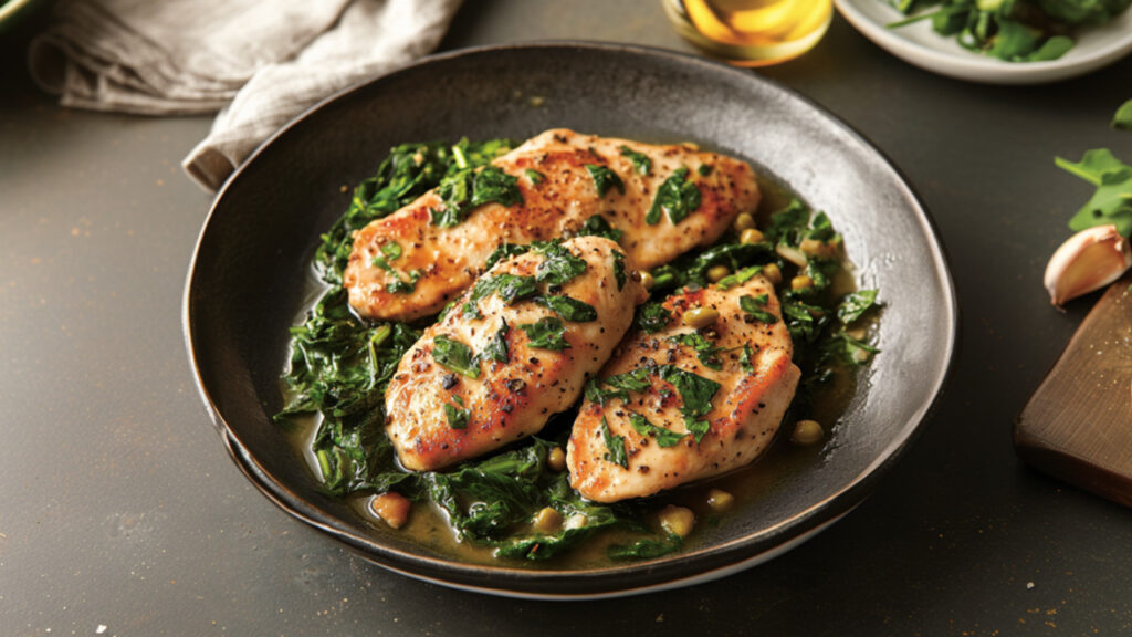 Chicken Piccata with Wilted Greens on a plate