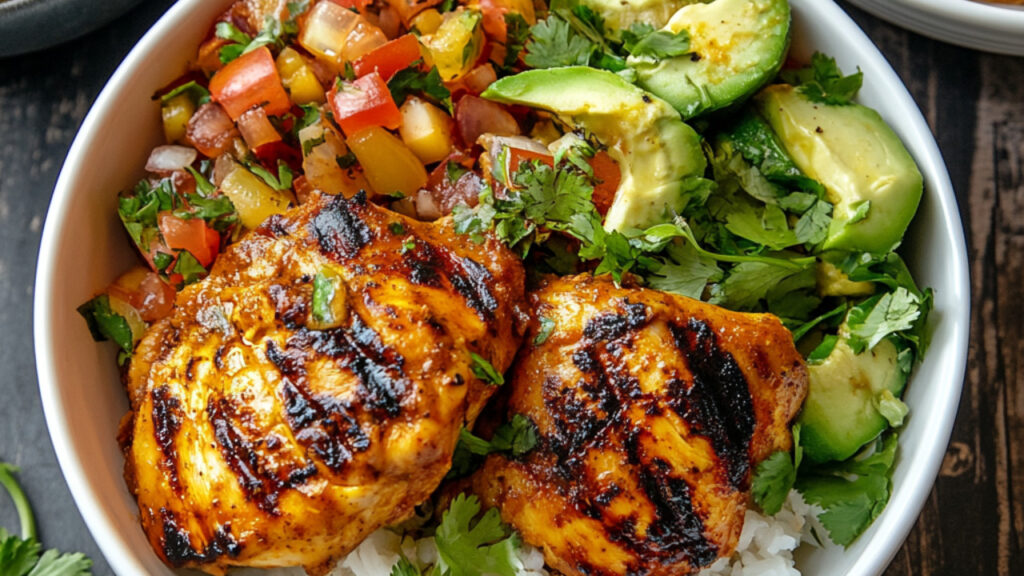 Chicken Tinga with Grilled Chicken Thighs in a bowl