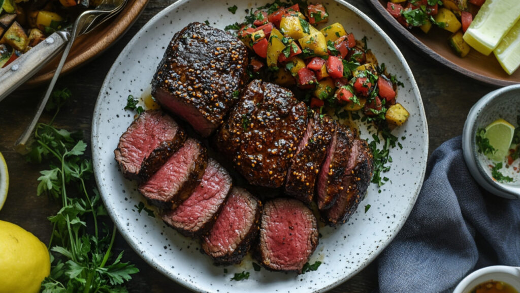 Chipotle-Cacao Rubbed Sirloin Filets on a plate