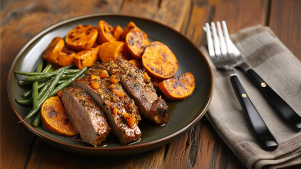 Chipotle Orange Pork Loin with Sweet Potatoes and Green Beans on a plate