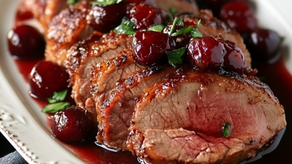 Cocoa-Spiced Pork Loin with Morello Cherry Sauce on a serving plate