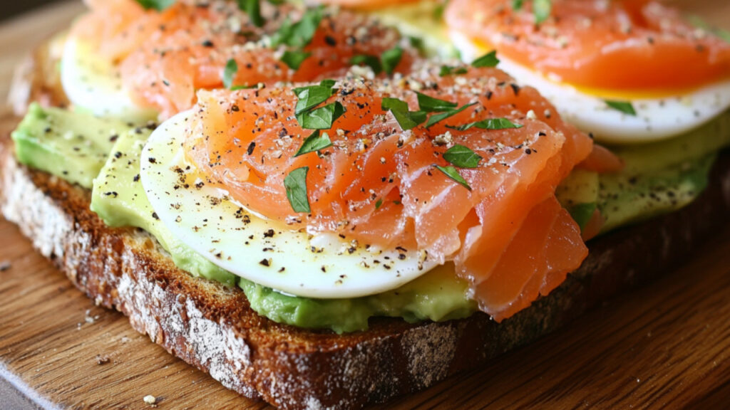 Cold Smoked Salmon Egg & Avocado Toast on a chopping board