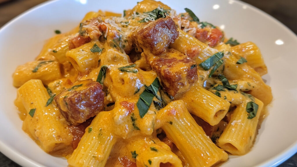 Creamy Tomato Rigatoni with Pork Breakfast Sausage in a bowl