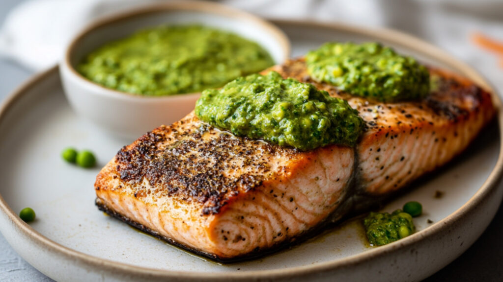 Cumin Baked Salmon with Pea Pesto on a plate