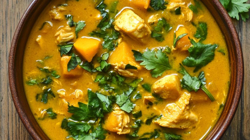 Curried Butternut Squash and Chicken Soup in a bowl