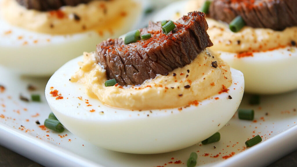 Deviled Steak and Eggs on a serving plate