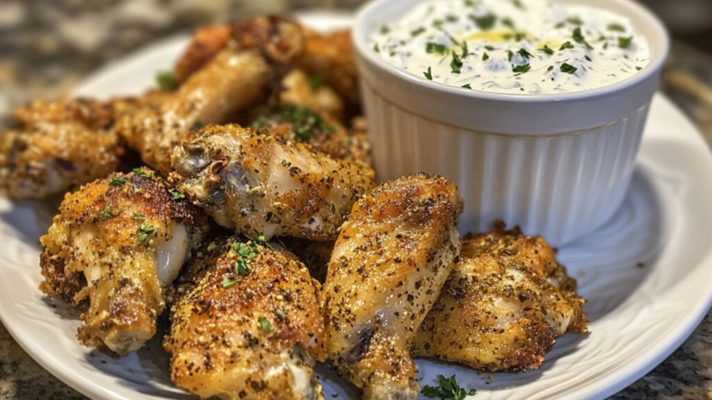 Easy Baked Chicken Wings with Tangy Yogurt Dip on a plate