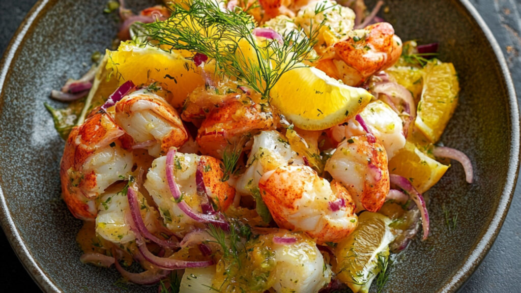 Fennel-Orange Salad with Lobster Tail on a plate
