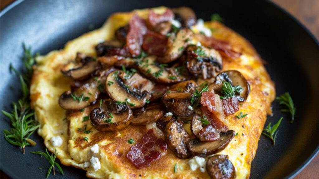 French Rolled Omelet with Wild Mushrooms and Bacon in a pan