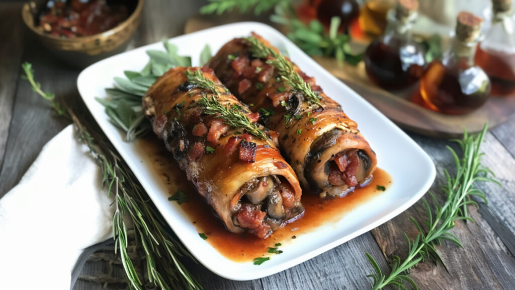 Mushroom and Bacon Braciole on a plate