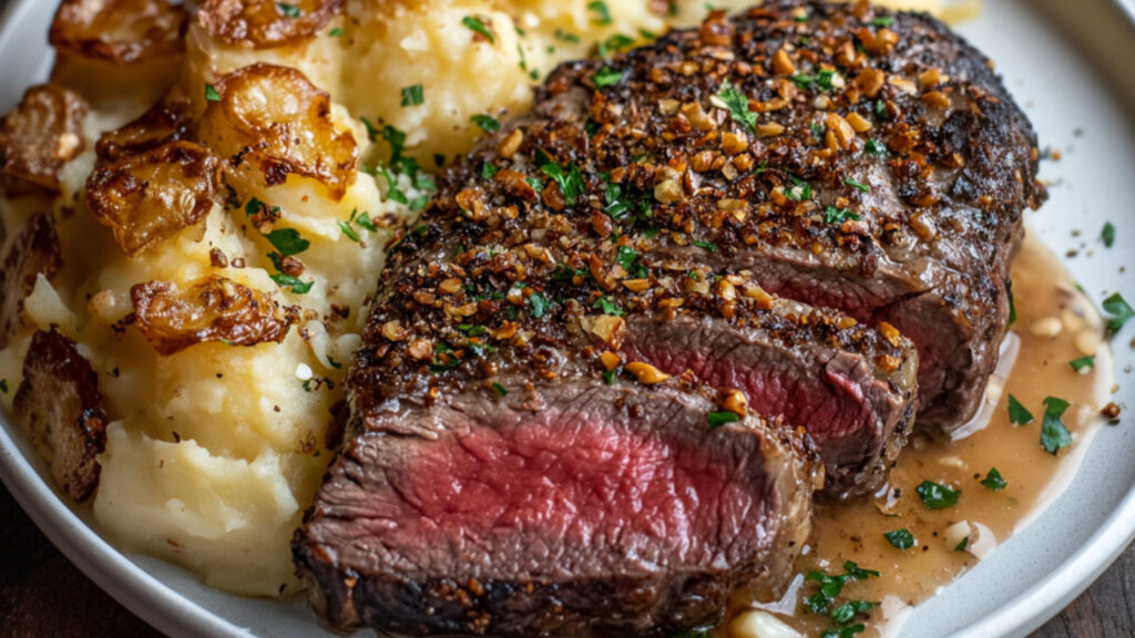 Garlic-Crusted Ribeye with Smoky Hazelnut Scalloped Potatoes on a plate