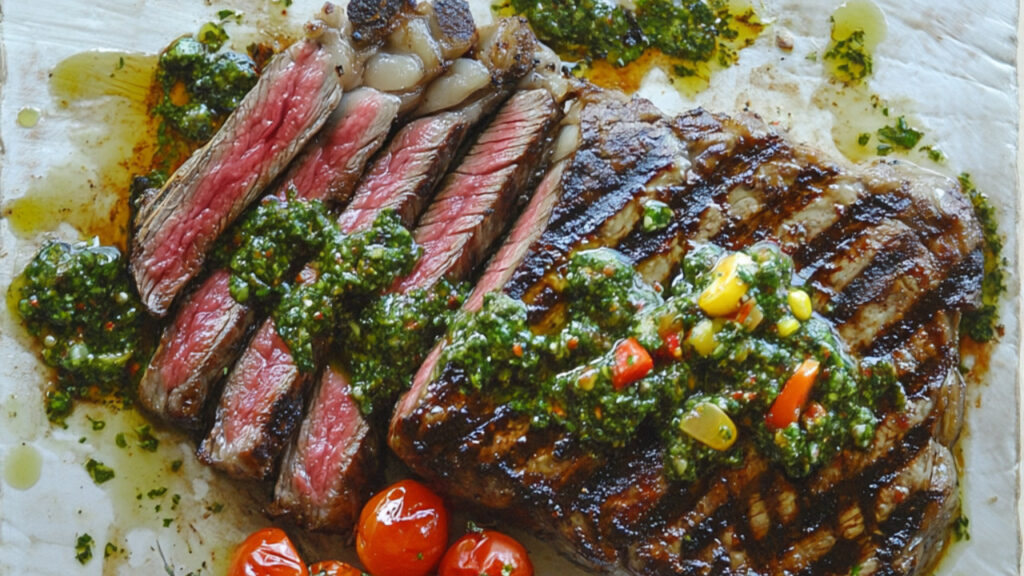 Grilled NY Strip Steak with Chimichurri on a plate