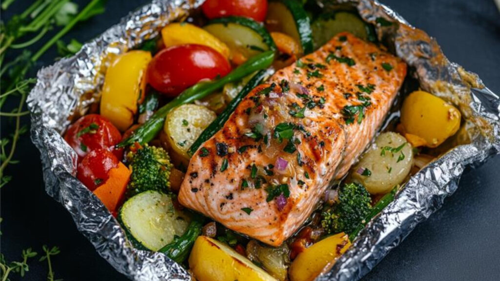Grilled Salmon with fruits and veggies in a foil