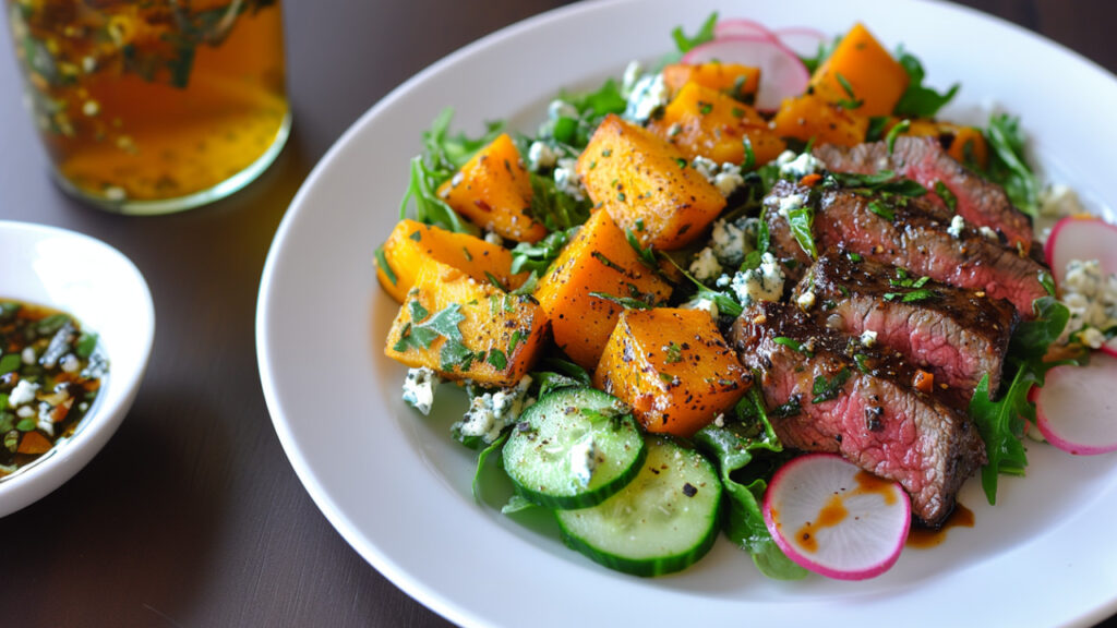 Harvest Steak Salad with Chili Roasted Squash on a plate