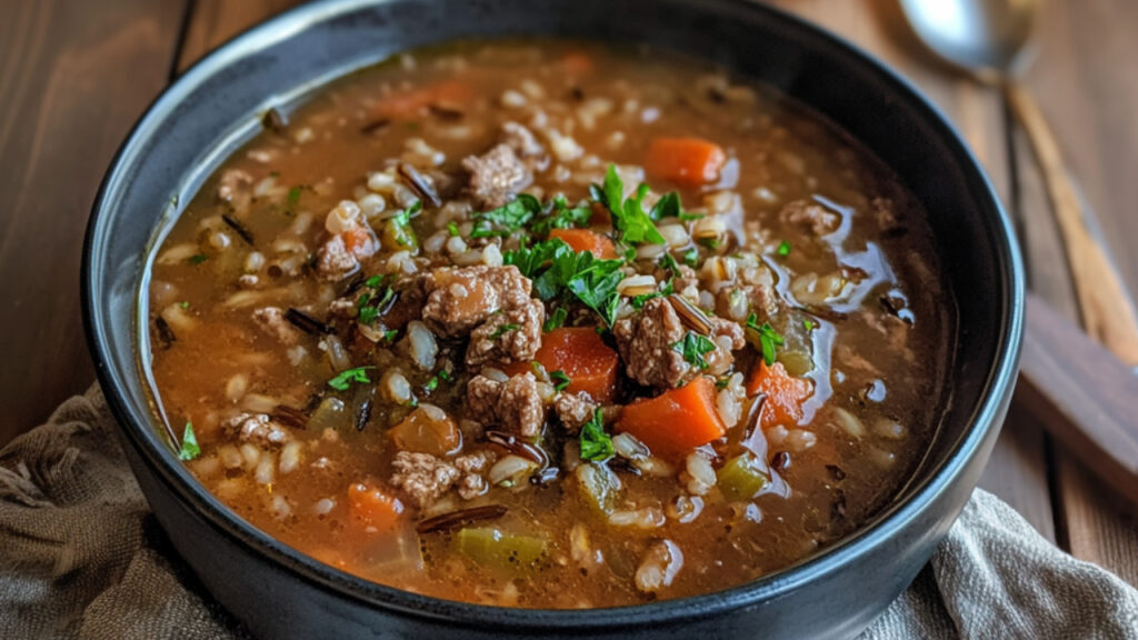 Hearty Beef and Wild Rice Soup in a bowl
