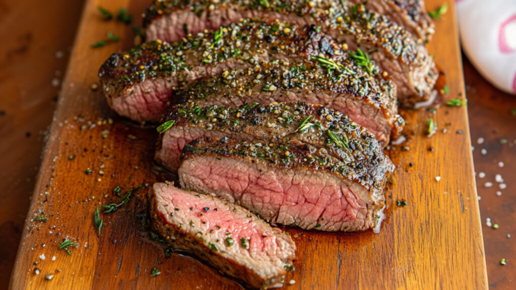 Herb-Garlic Strip Loin Steaks on a chopping board