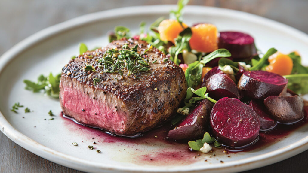 Herb-crusted Filet with Warm Beet and Bacon Salad on a plate