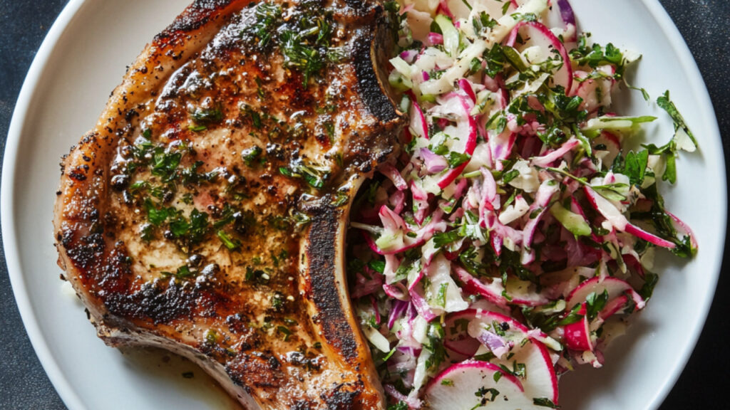 Herby Pork Chops with Fennel and Radish Slaw on a plate